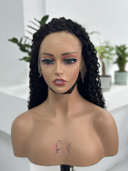 Front view of UNices Hair 20 inch 13x4 HD lace curly human hair wig in natural black