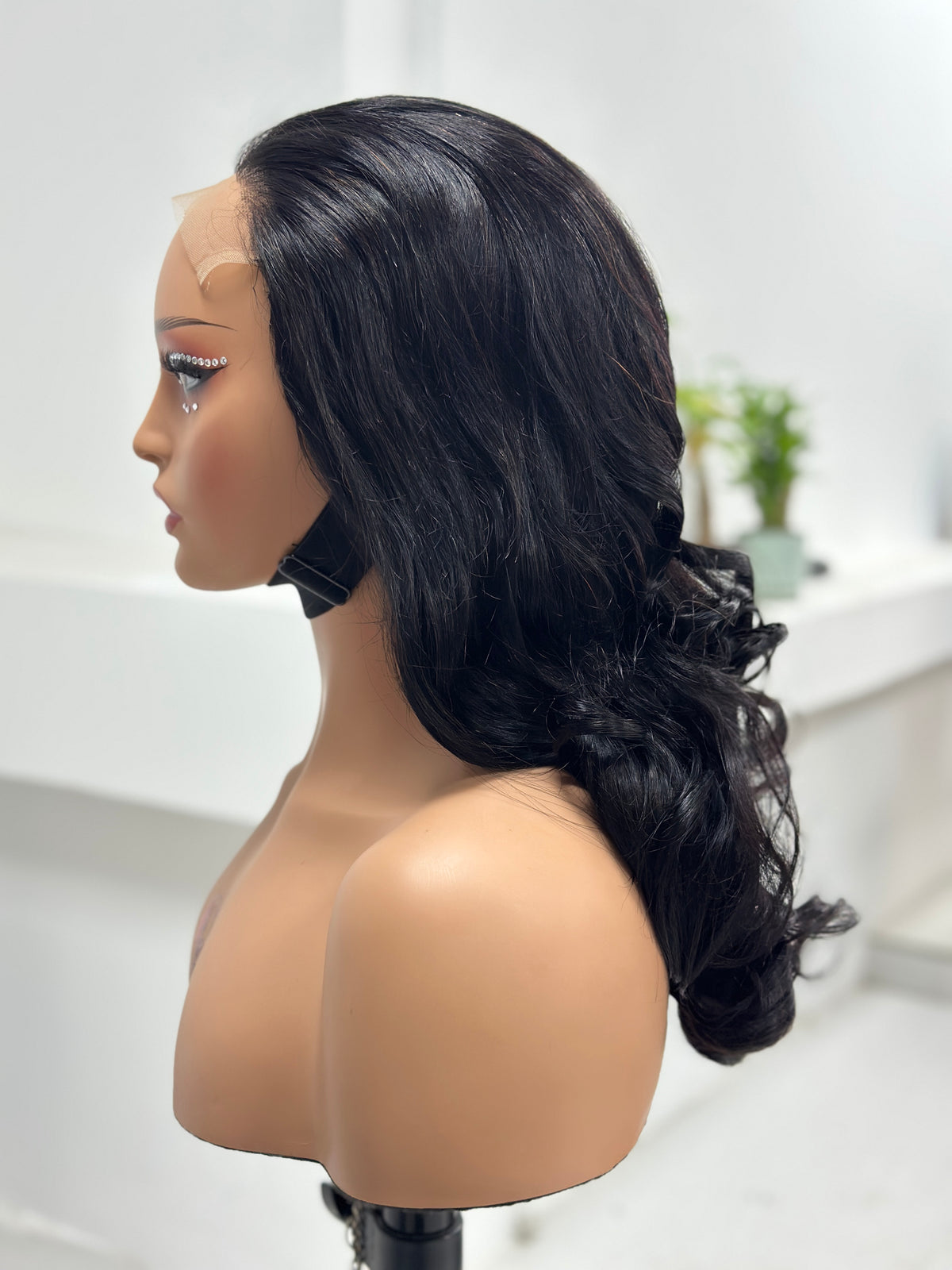 Side view of 20 inch natural black retro curl lace wig by UNices Hair