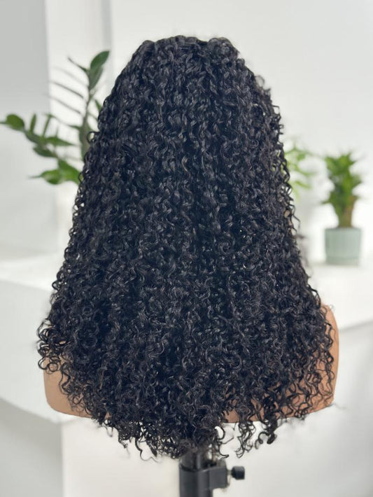 Back view of UNices Hair 22 inch 13x4 HD lace curly human hair wig in natural black