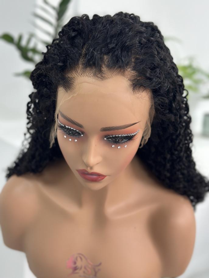 Front view of UNices Hair 22 inch 13x4 HD lace curly human hair wig in natural black