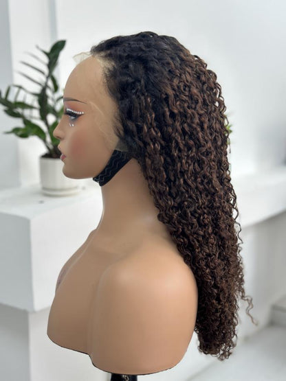 Side view of UNices Hair 22 inch dark root brown curly human hair wig