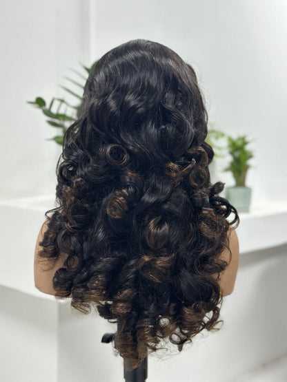Back view of UNices Hair 26 inch dark root brown body wave human hair wig