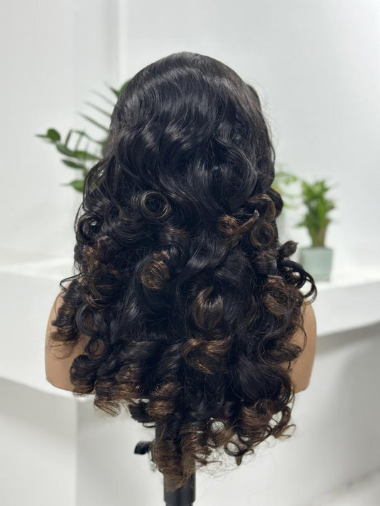 Back view of UNices Hair 26 inch dark root brown body wave human hair wig