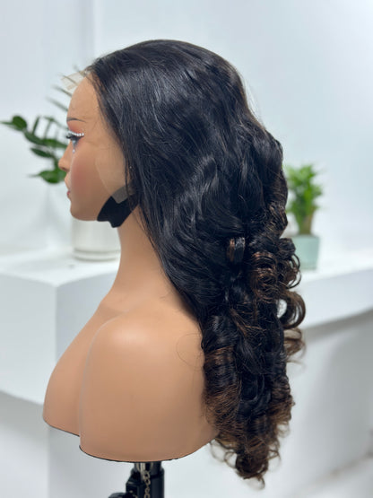 Side view of UNices Hair 26 inch dark root brown body wave human hair wig