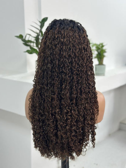 Back view of UNices Hair 26 inch dark root brown curly human hair wig
