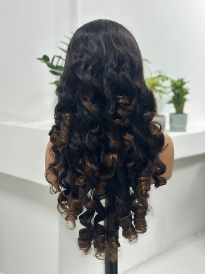 Back view of UNices Hair 30 inch dark root brown body wave human hair wig