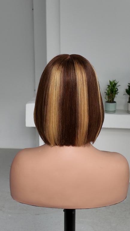 Back view of UNices Hair 8 inch brown bob with blonde highlight streaks human hair wig