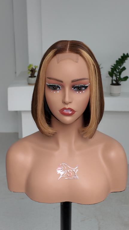 Front view of UNices Hair 8 inch brown bob with blonde highlight streaks 2x6 lace human hair wig