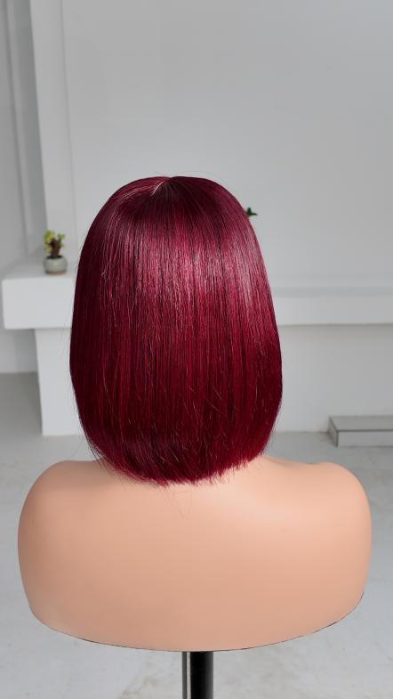 Back view of UNices Hair 8 inch burgundy red straight bob human hair wig