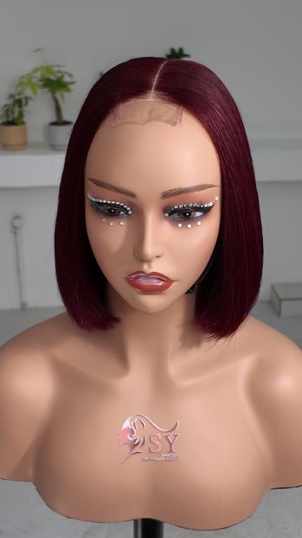 Front view of UNices Hair 8 inch burgundy red 2x6 lace human hair bob wig