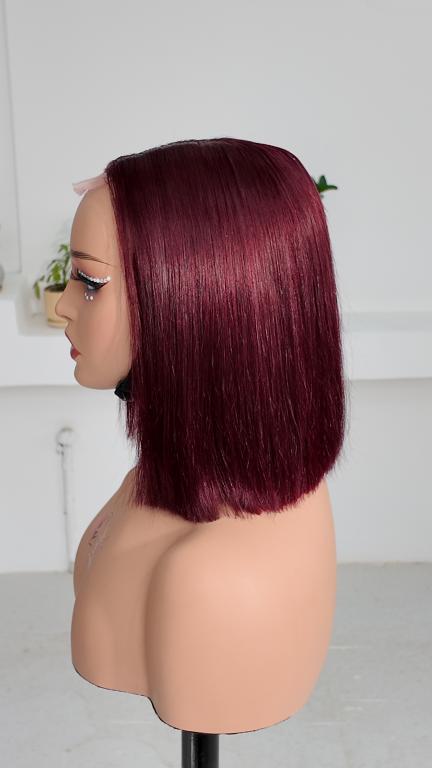 Side view of UNices Hair 8 inch burgundy red straight bob human hair wig