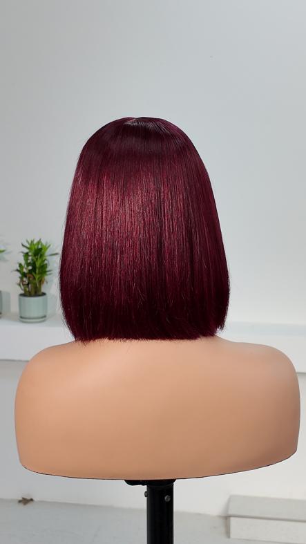 Back view of UNices Hair 8 inch burgundy red straight bob with bangs human hair wig
