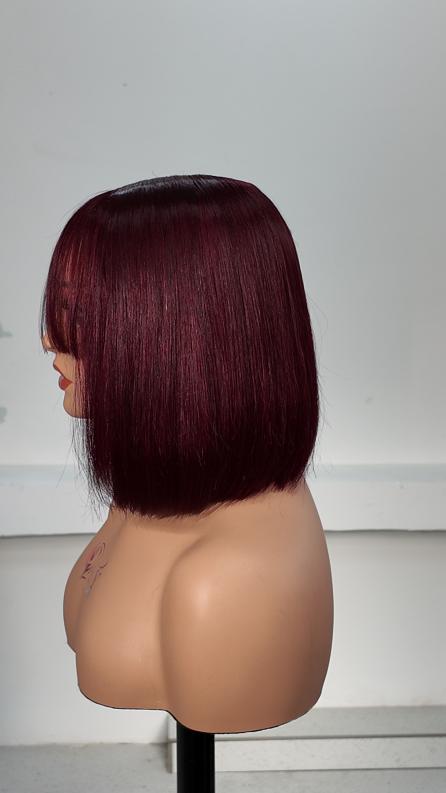 Side view of UNices Hair 8 inch burgundy red straight bob with bangs human hair wig