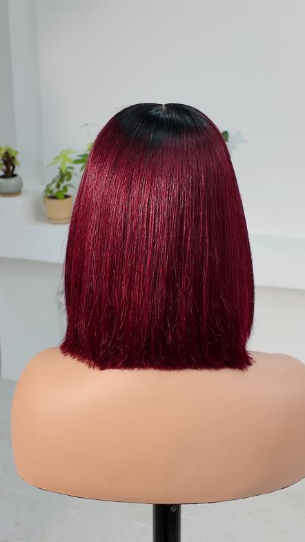 Back view of UNices Hair 8 inch dark root burgundy red bob with bangs human hair wig