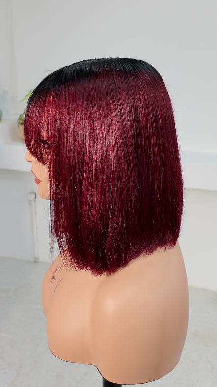 Side view of UNices Hair 8 inch dark root burgundy red bob with bangs human hair wig