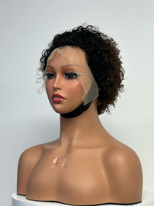 UNices Hair black brown 13x4 lace pixie curly human hair wig front view