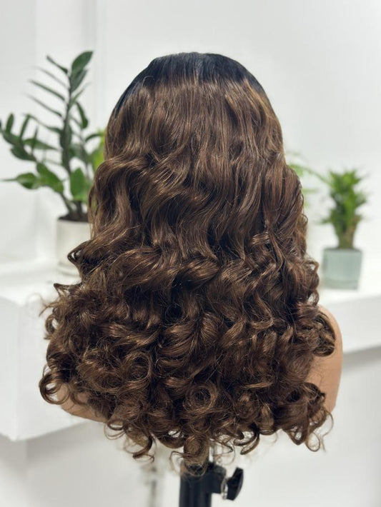 UNices Hair black brown highlight loose body wave human hair wig back view