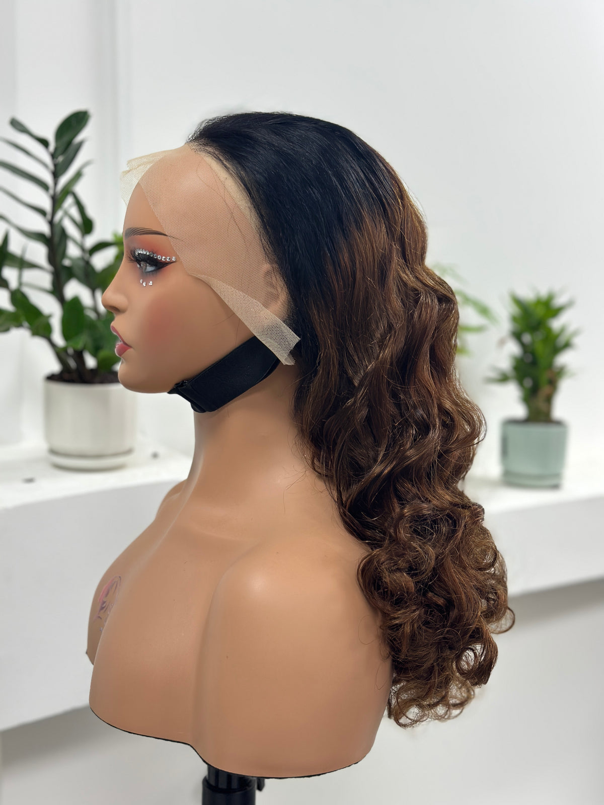UNices Hair black brown highlight body wave lace front human hair wig side view