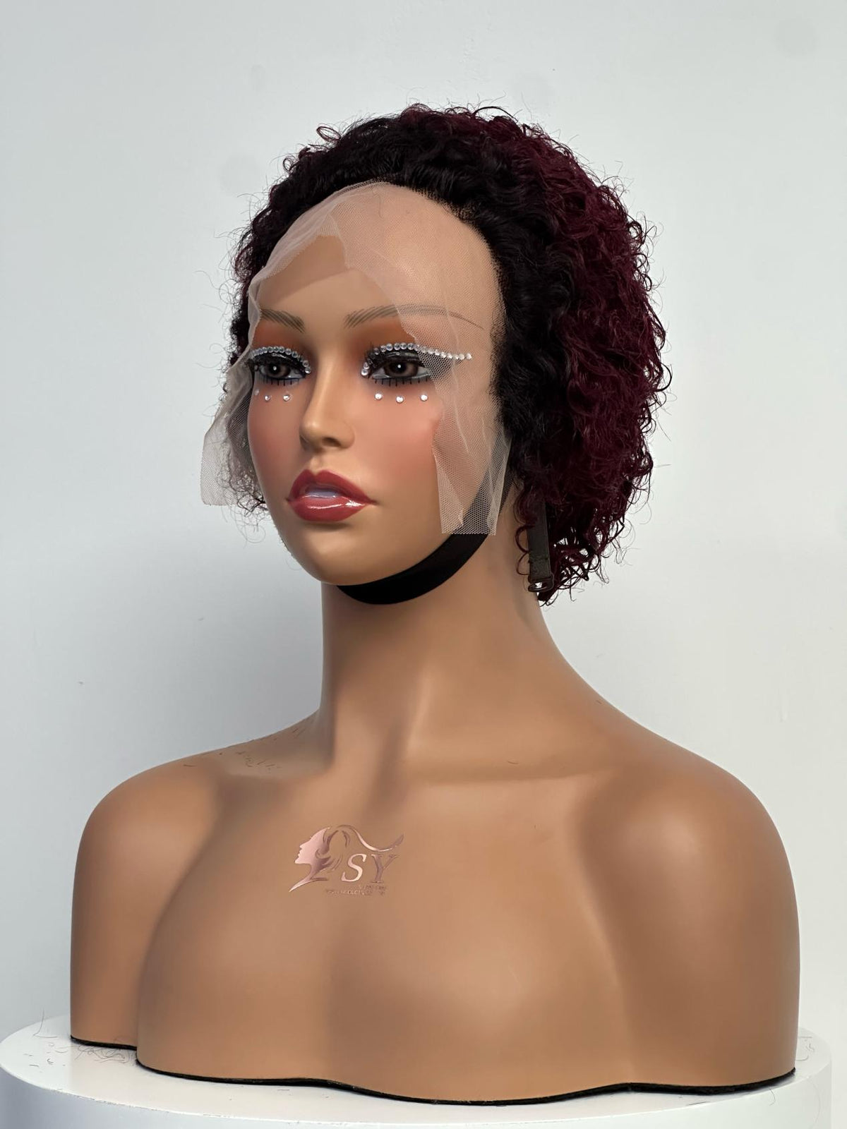 UNices Hair black burgundy 13x1 lace pixie curly human hair wig front view