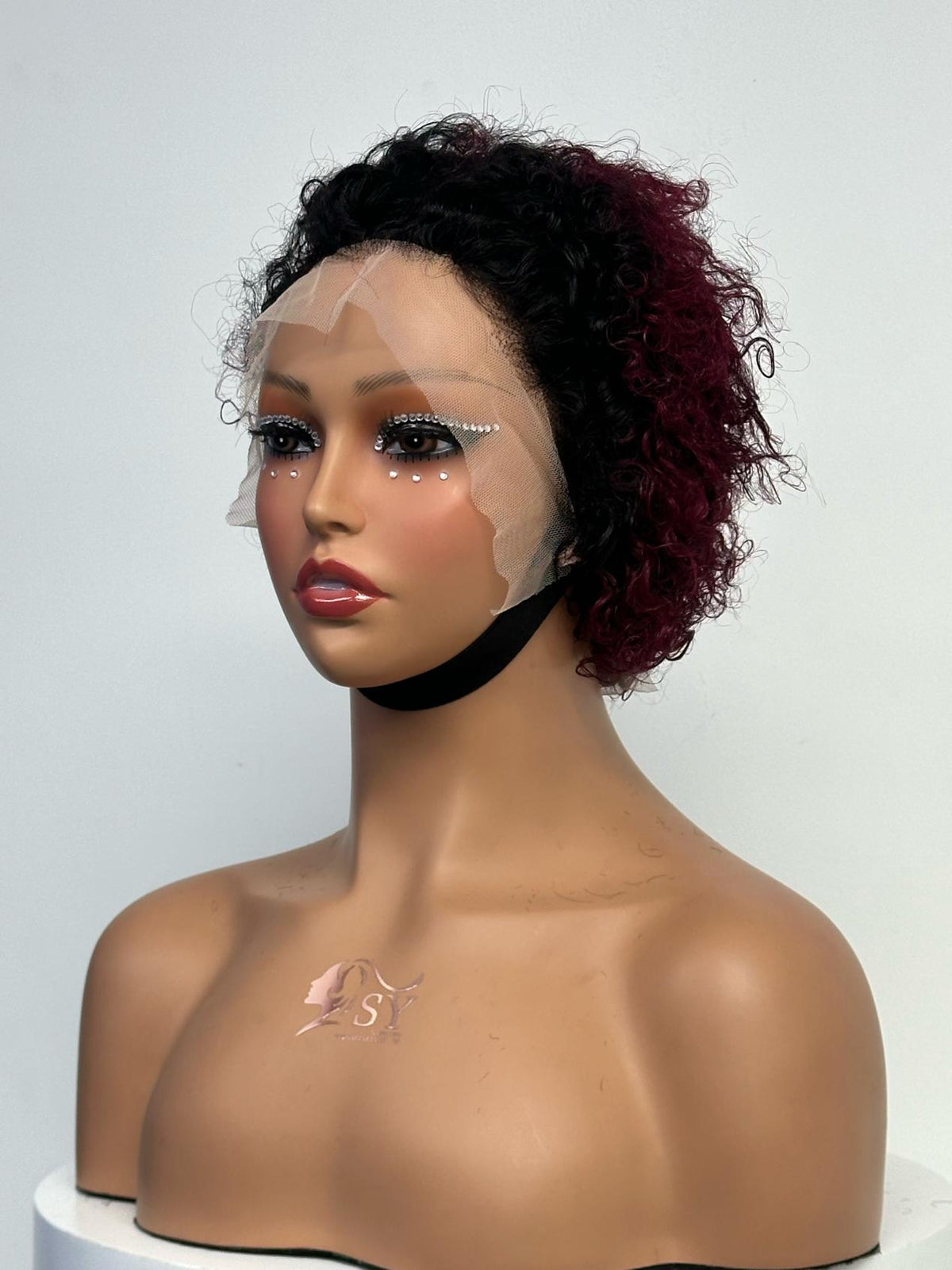 UNices Hair black burgundy 13x4 lace pixie curly human hair wig front view
