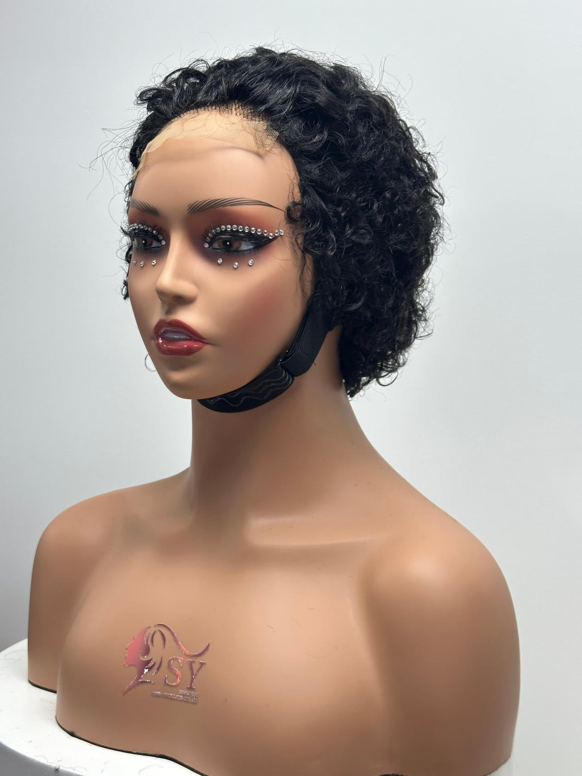 UNices Hair black burgundy 4x4 lace closure pixie curly human hair wig front view