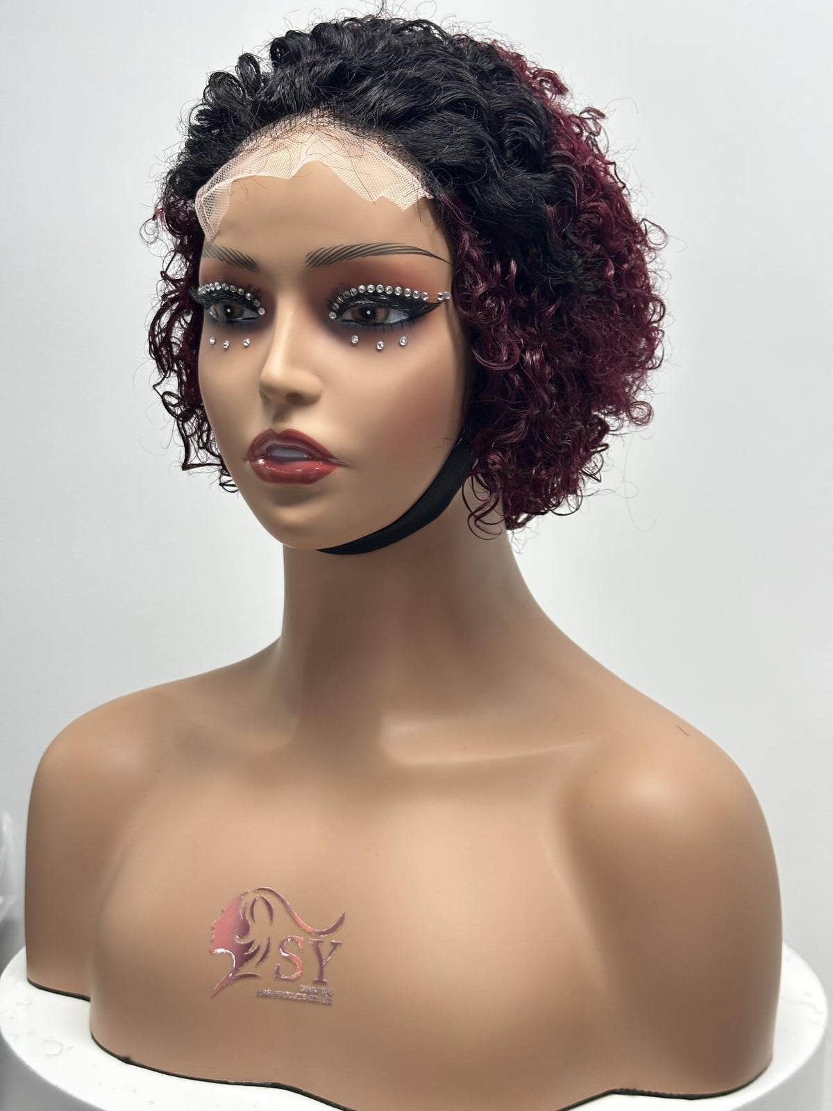 UNices Hair black burgundy two-tone 4x4 lace closure pixie curly human hair wig front view