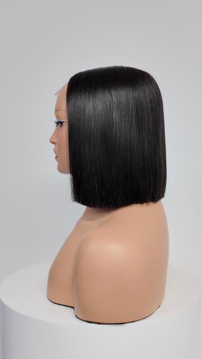 Side view of UNices Hair black straight blunt bob human hair lace wig
