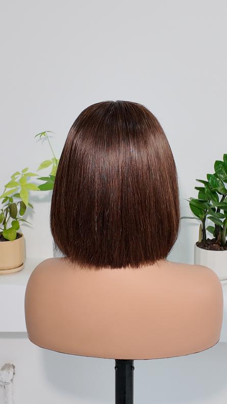 Back view of UNices Hair brown 13x4 lace straight bob human hair wig