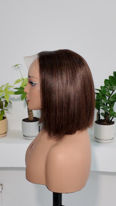 Side view of UNices Hair brown 13x4 lace straight bob human hair wig