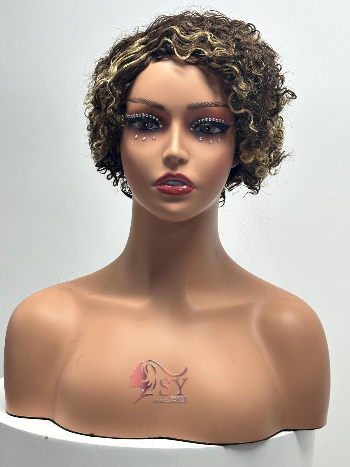 UNices Hair brown blonde highlights machine-made pixie curly human hair wig front view