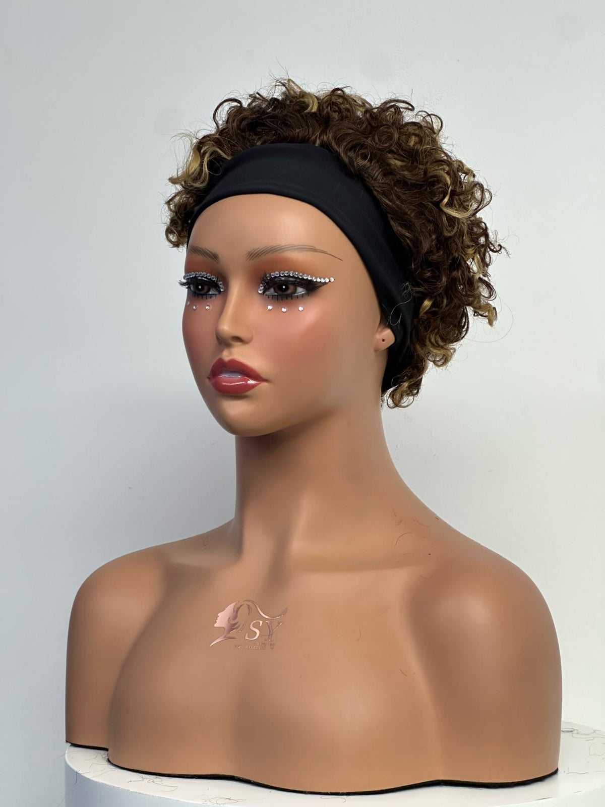 UNices Hair brown blonde highlights pixie curly headband human hair wig front view