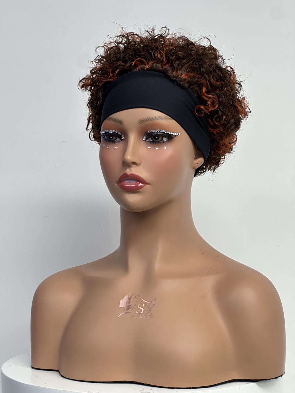 UNices Hair brown copper highlights pixie curly headband human hair wig front view
