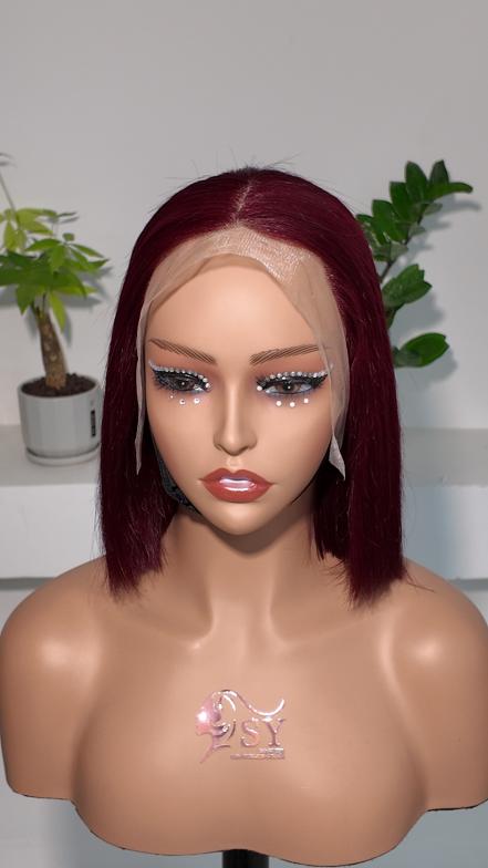 Front view of UNices Hair burgundy 13x4 lace straight bob human hair wig