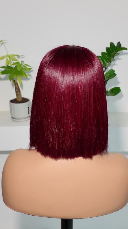 Back view of UNices Hair burgundy 13x4 lace straight bob human hair wig