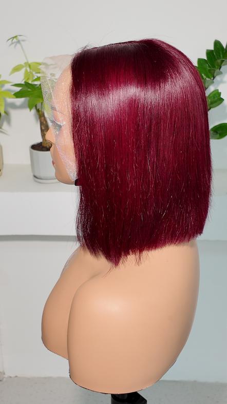 Side view of UNices Hair burgundy 13x4 lace straight bob human hair wig