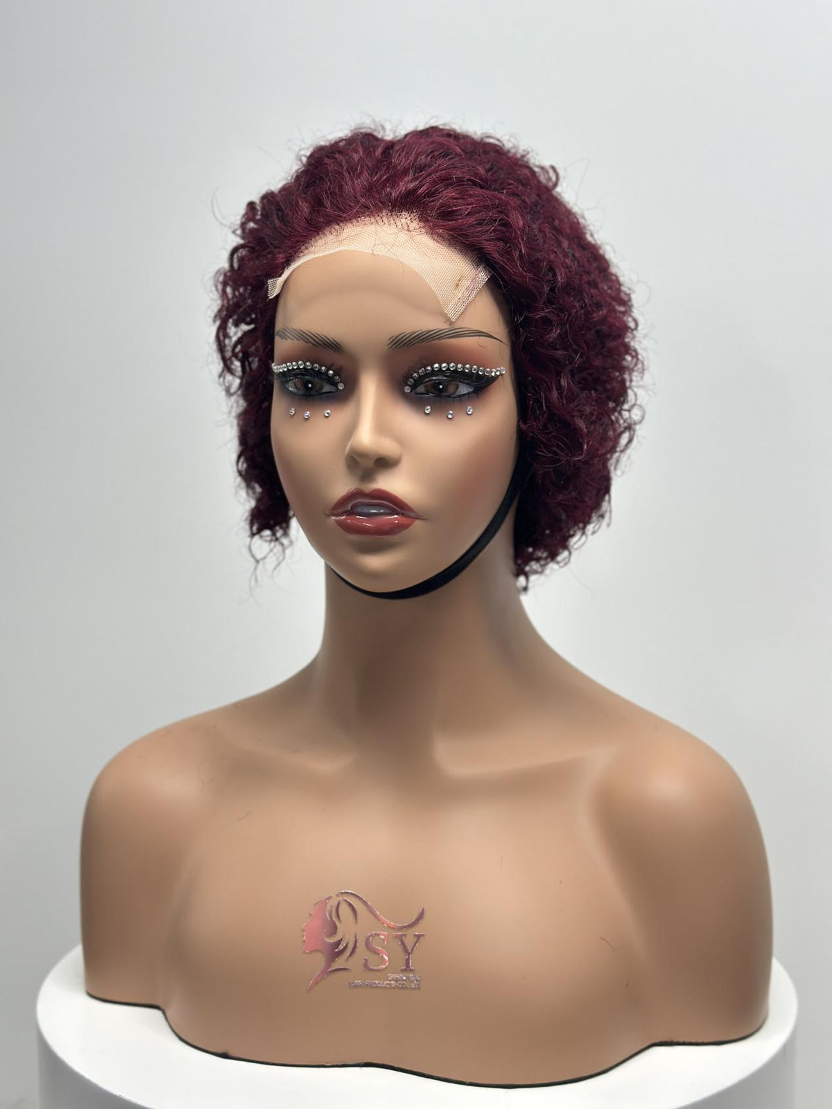 UNices Hair burgundy 4x4 lace closure pixie curly human hair wig front view