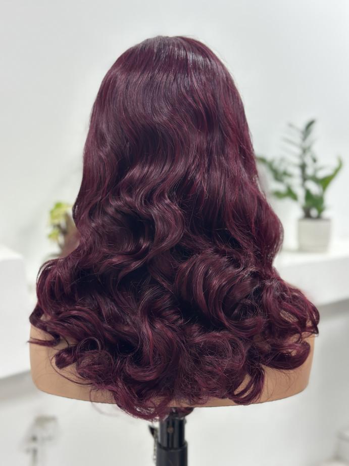 UNices Hair burgundy loose curly human hair lace wig back view