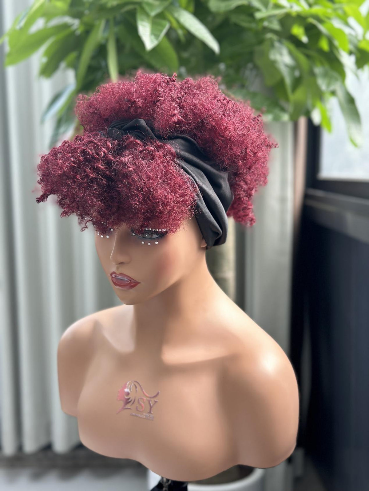 UNices Hair burgundy machine-made pixie curly wig with black headband