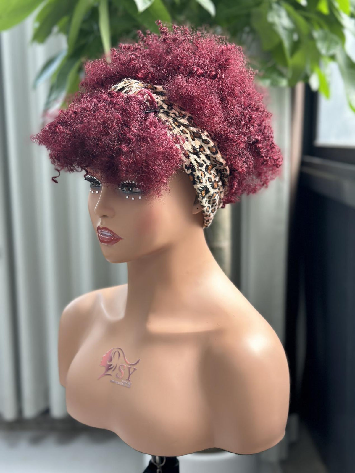 UNices Hair burgundy machine-made pixie curly wig with leopard print headband