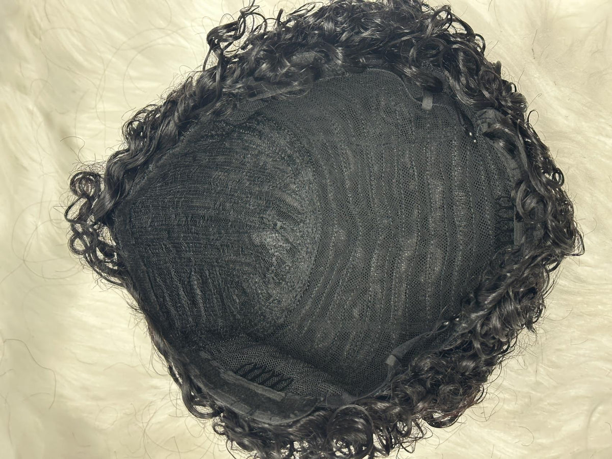 UNices Hair burgundy machine-made pixie curly human hair wig cap construction