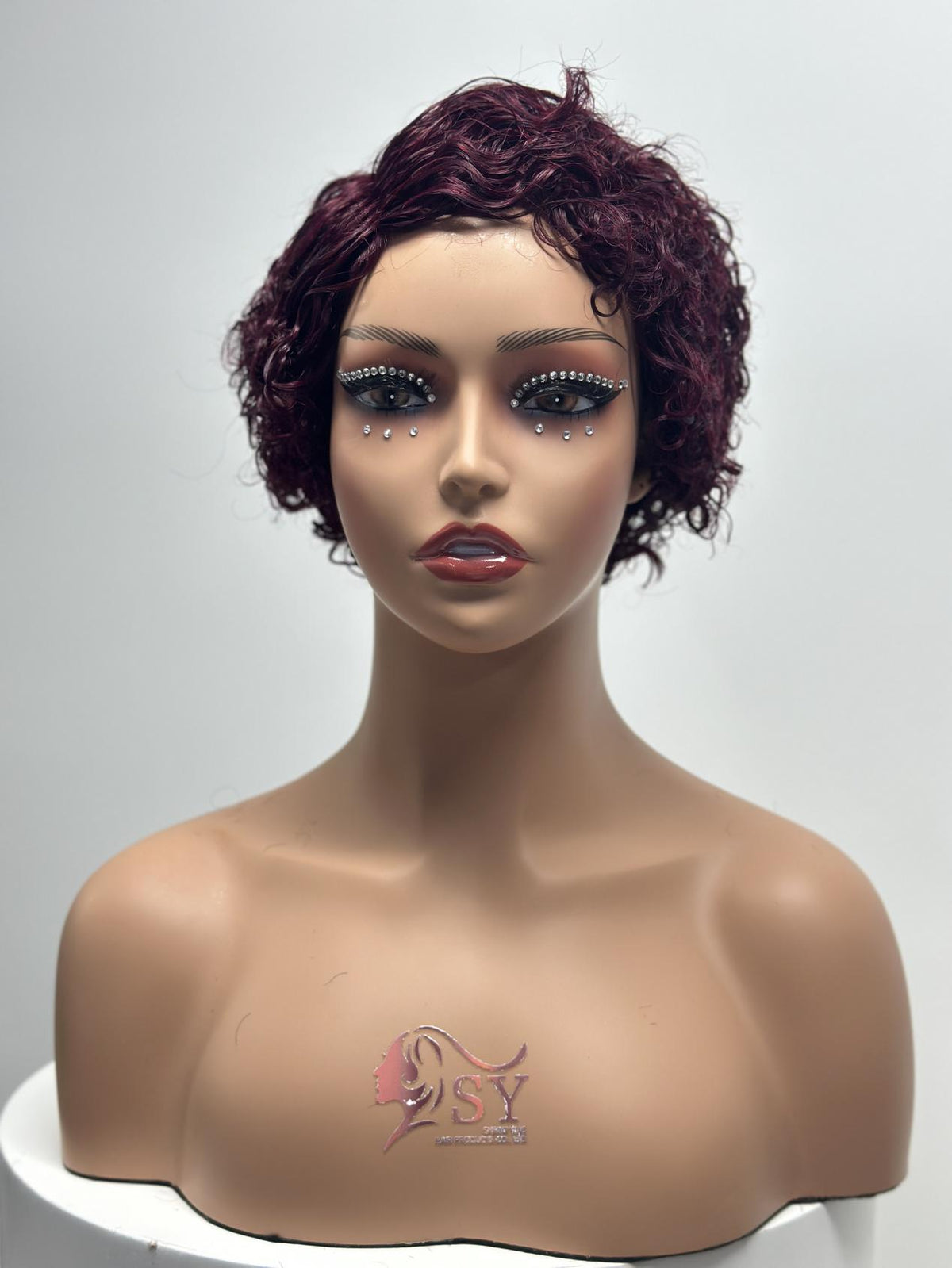 UNices Hair burgundy machine-made pixie curly human hair wig front view