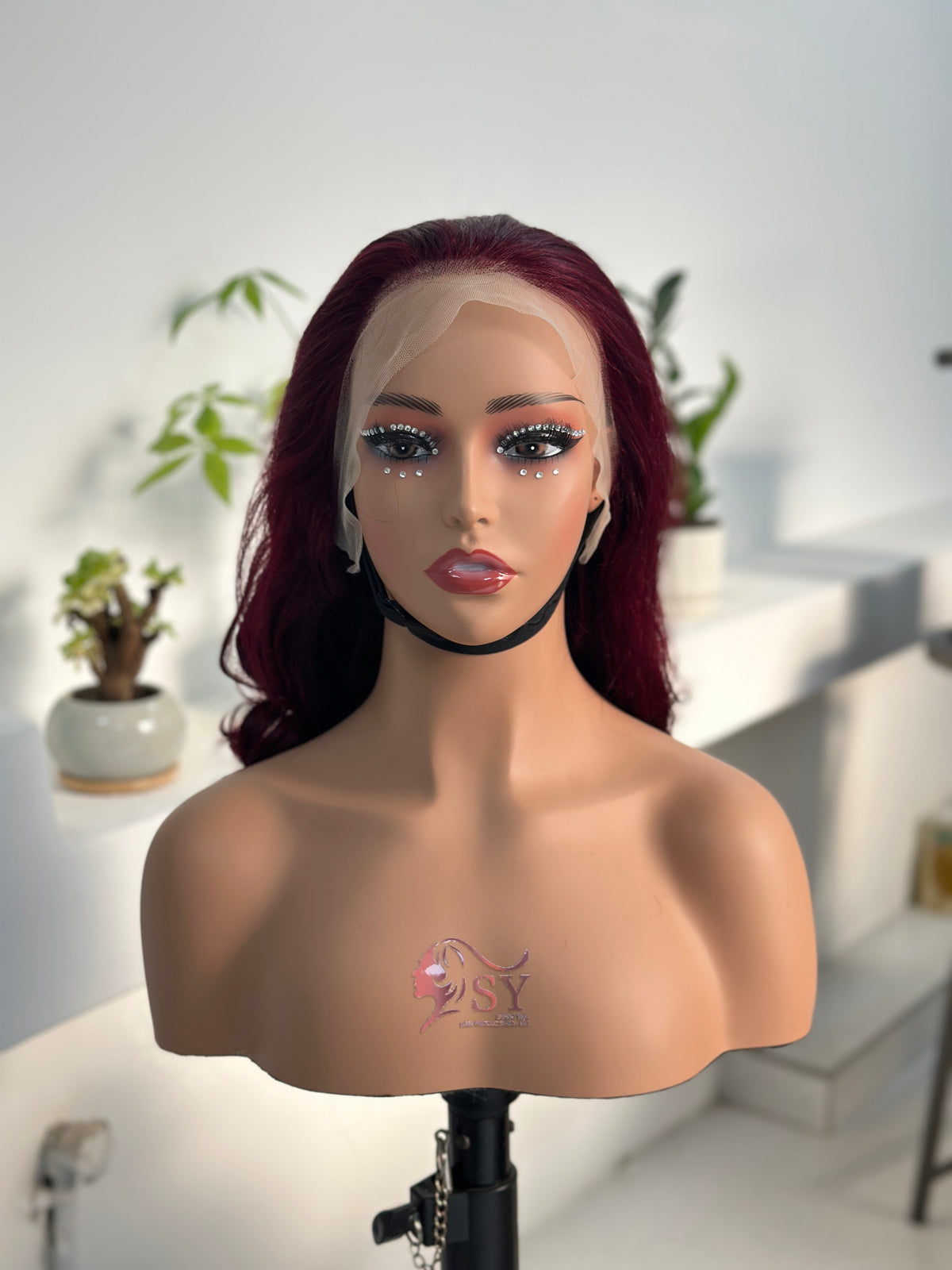 UNices Hair burgundy red curly 13x4 lace front human hair wig front view