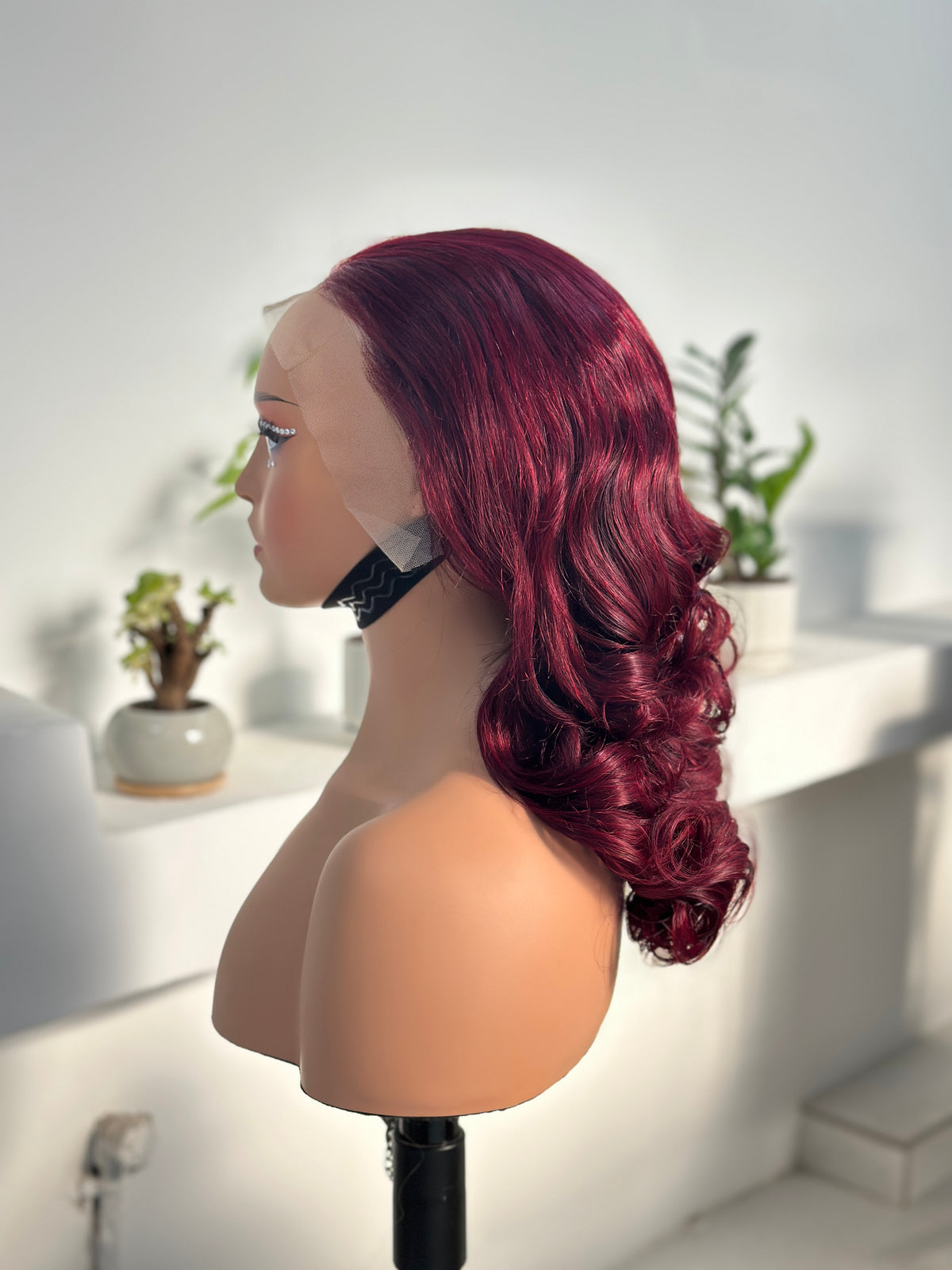 UNices Hair burgundy curly lace front wig side view