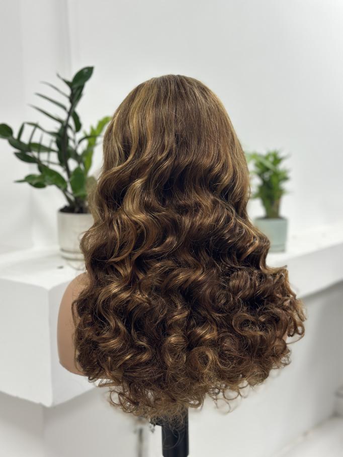 UNices Hair caramel brown highlight bouncy curly human hair wig back view