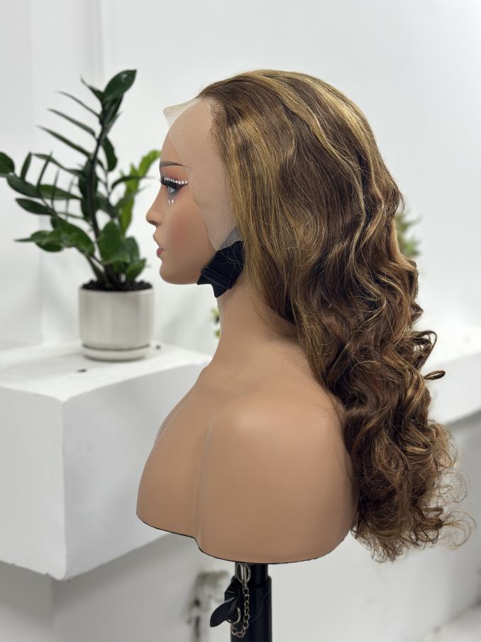 UNices Hair caramel brown highlight bouncy curly lace front wig side view