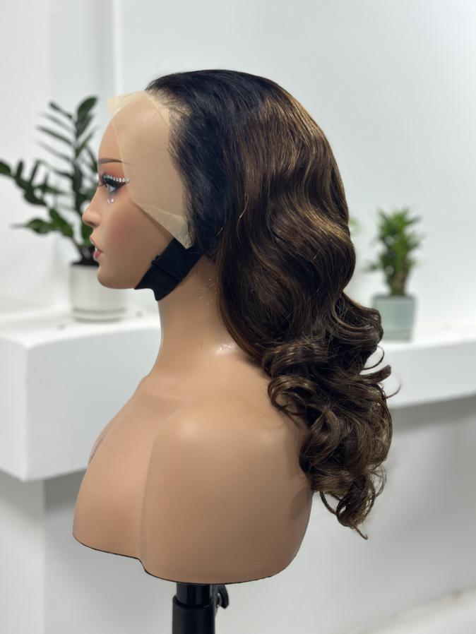 UNices Hair chestnut brown highlight body wave lace front wig side view