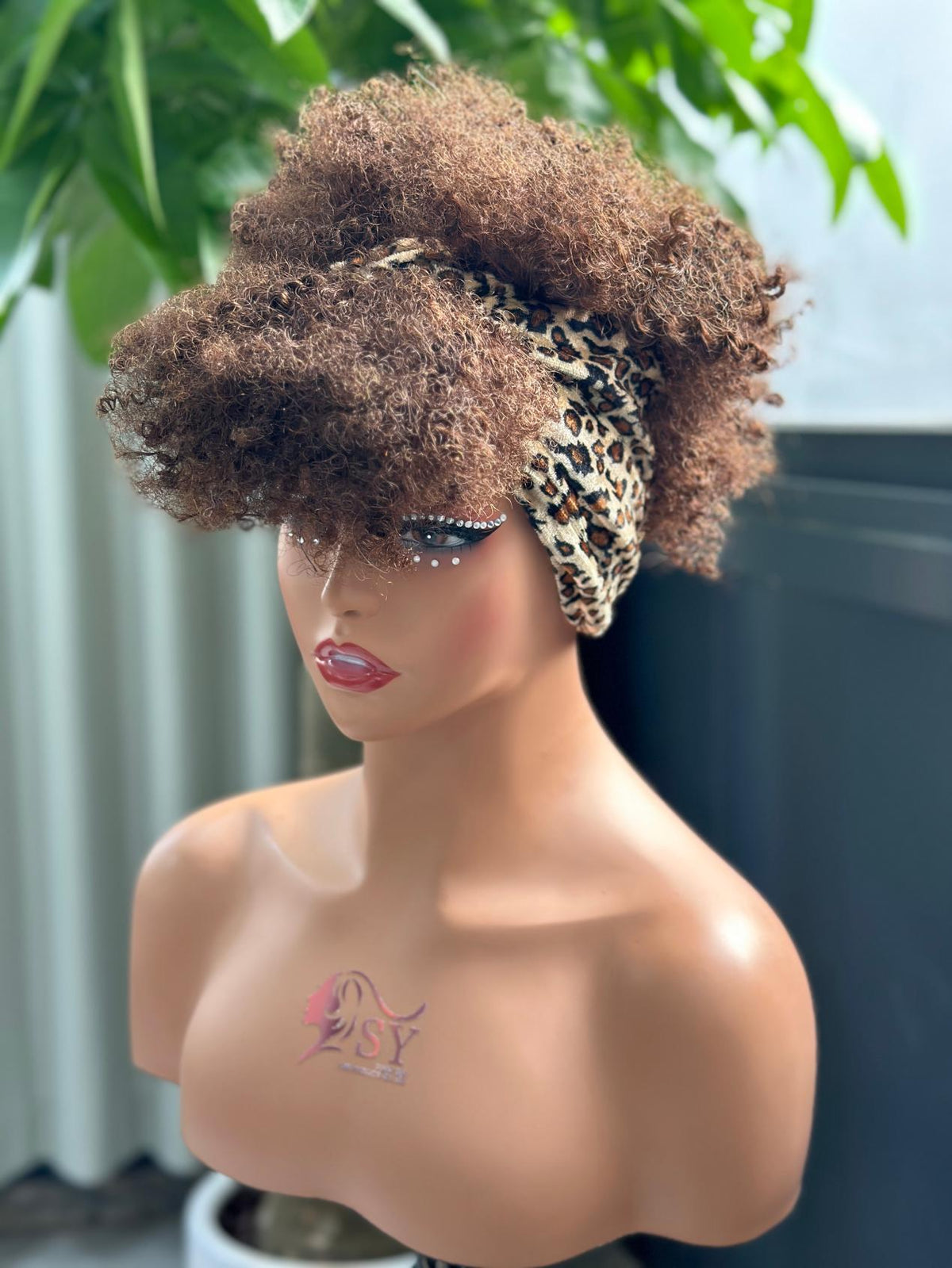 UNices Hair chestnut brown machine-made pixie curly headband human hair wig front view