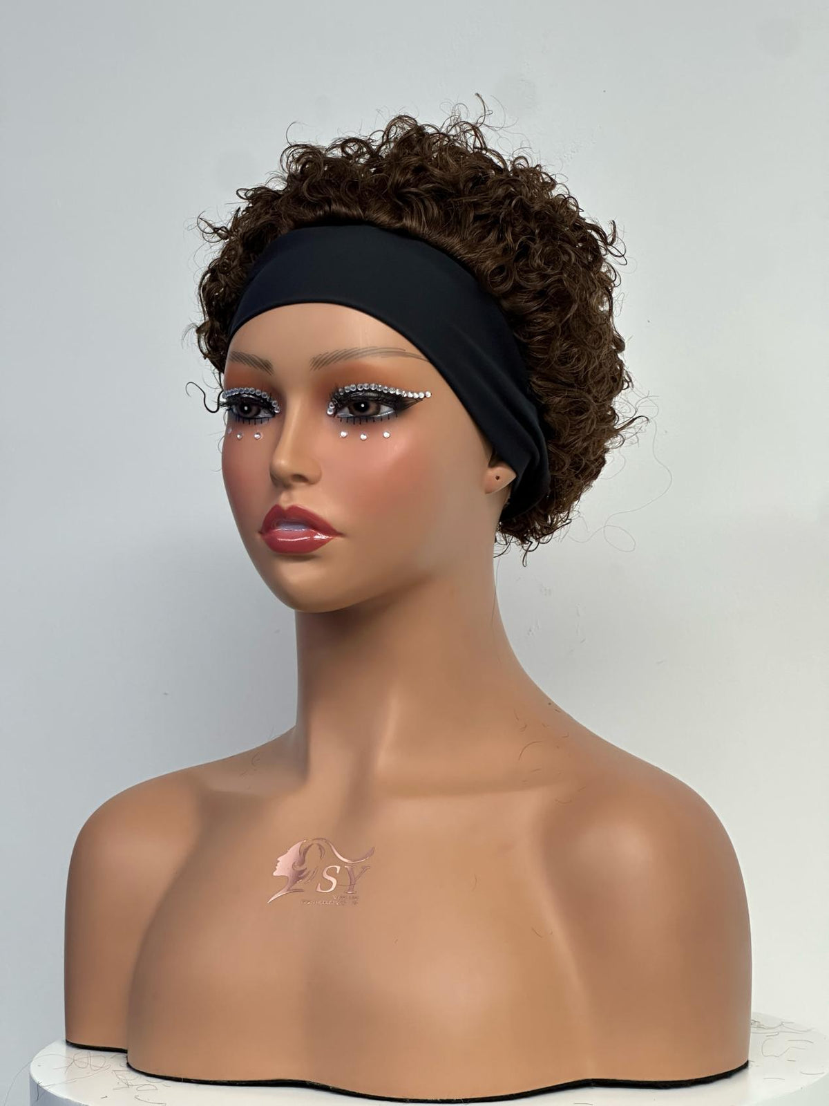 UNices Hair chestnut brown pixie curly headband human hair wig front view