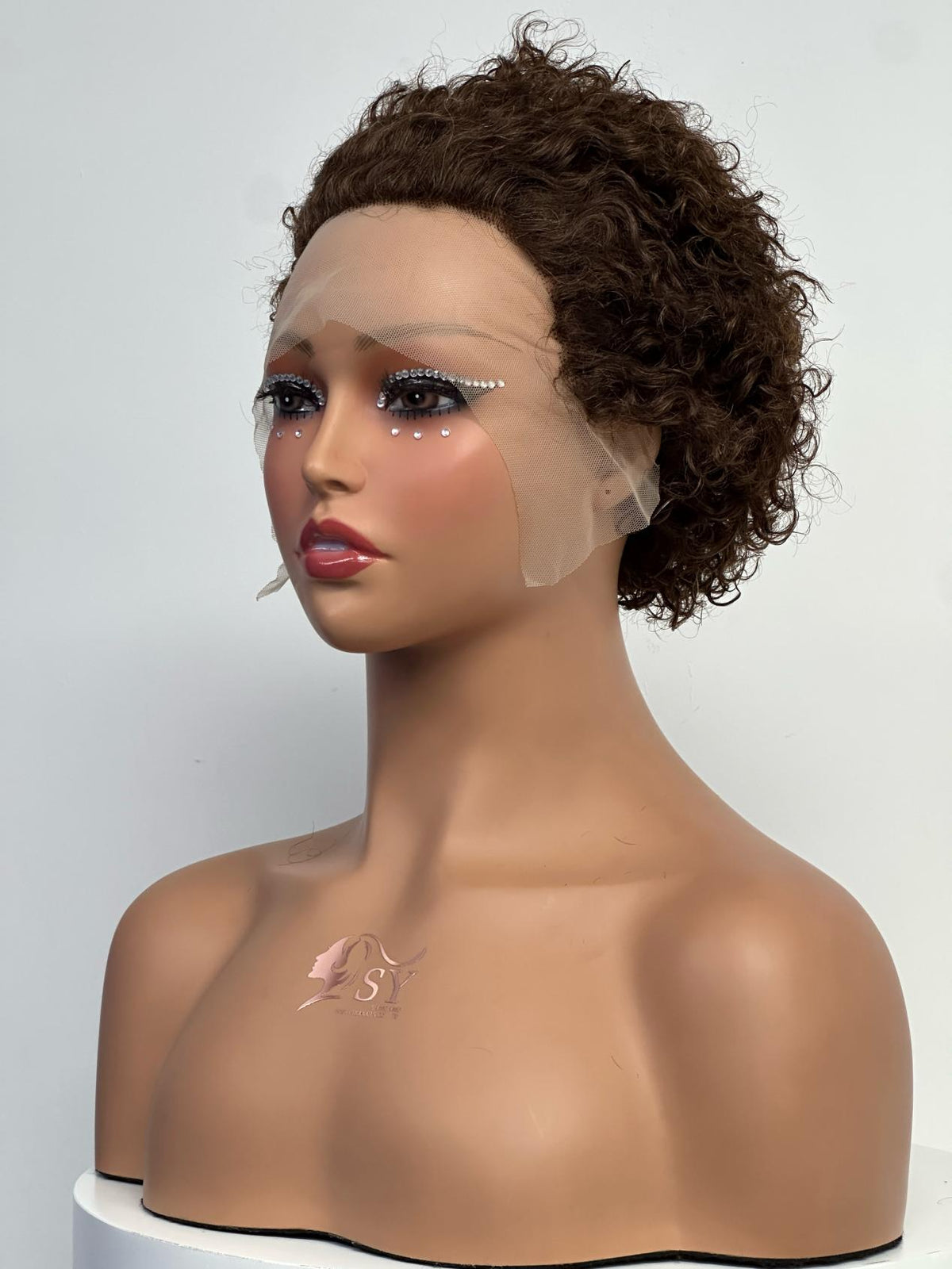 UNices Hair chocolate brown 13x1 lace pixie curly human hair wig front view