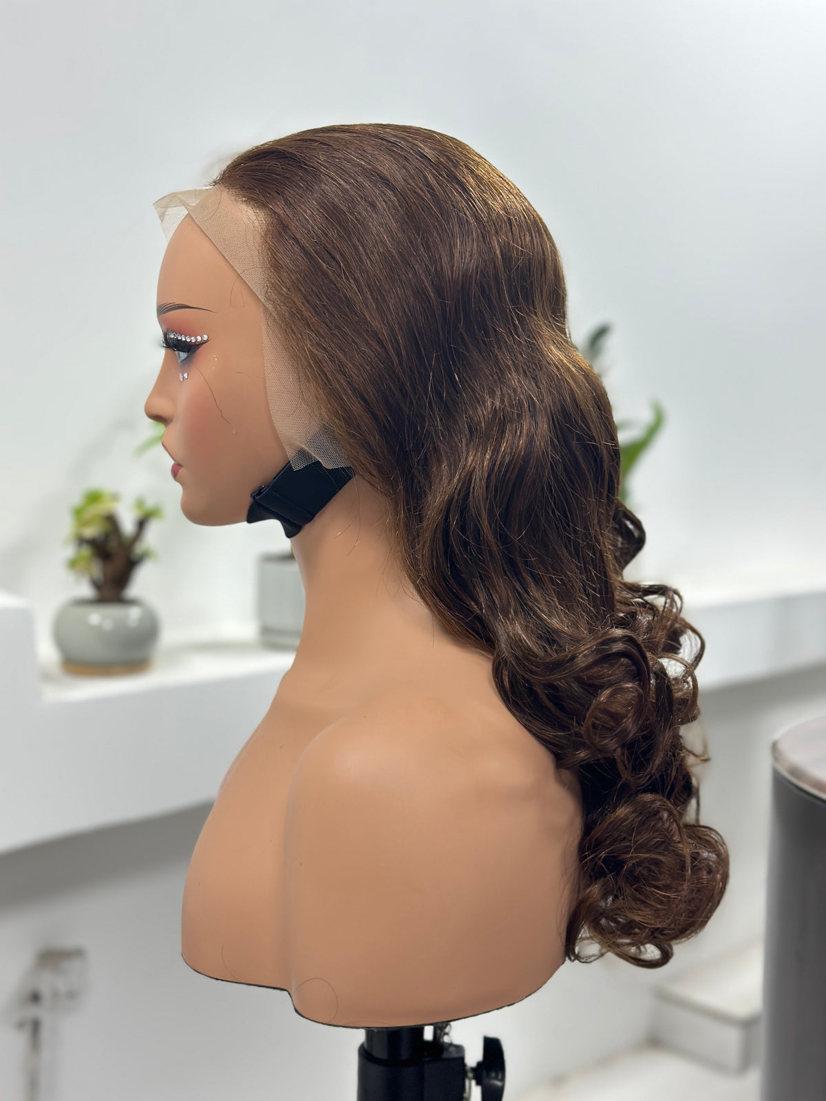 UNices Hair chocolate brown body wave lace front human hair wig side view